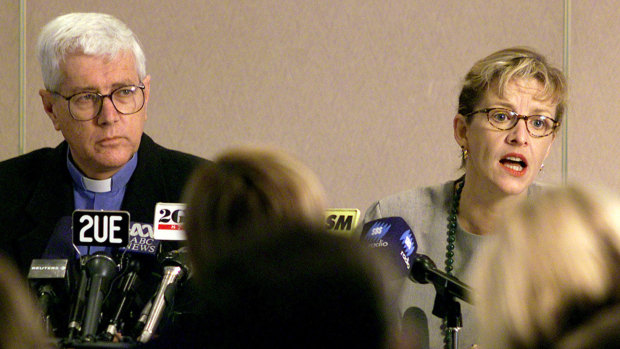 Reverend Harry Herbert with Ingrid van Beek in 2001 answering questions the day after the opening of Australia’s first legal injecting room. 