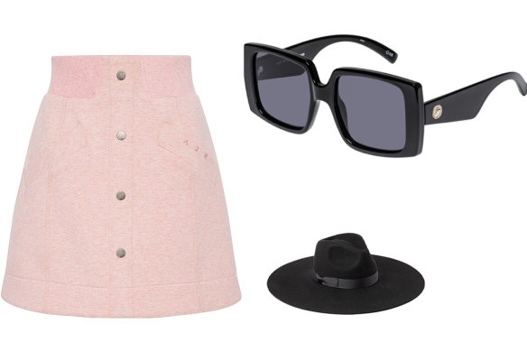 Frankie skirt, $245, Aje; Glo Getter Sunglasses, $69, LeSpecs; Montana Muse II hat, $119, Lack of Color.