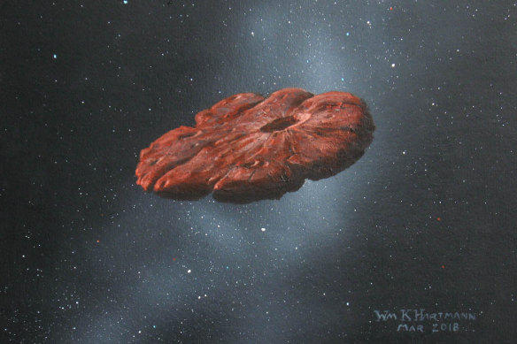 This illustration depicts the Oumuamua interstellar object as a pancake-shaped disk. A study published in March 2021 says the mystery object is most likely a remnant of a Pluto-like world and shaped like a cookie. 