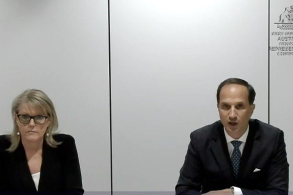 AMP chief executive Francesco De Ferrari and managing director of superannuation Lara Bourguignon appear via video link before the House of Representatives economics committee inquiry into the superannuation sector on Thursday.

