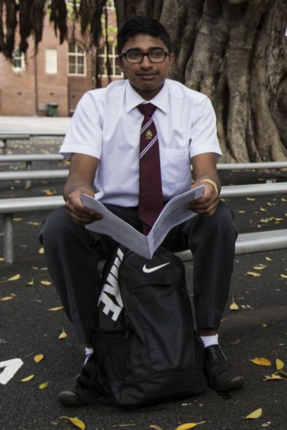 One down: Vidhushan Paheerathan after his first HSC exam at Homebush Boys High School in 2014.