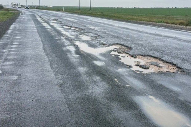 Potholes seen along the Murray Valley Highway in Victoria.