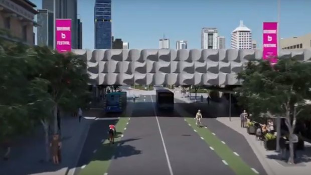 A fly-through of the proposed Brisbane Metro station at the Cultural Centre shows a potential clash between cyclists and metro buses. 