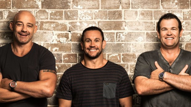 Happier times: Mark Geyer (left) alongside his former Triple M Grill Team colleagues Matthew Johns and Gus Worland.