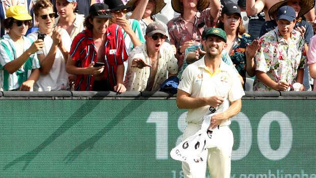 Mitch Marsh laughs with the crowd at the MCG on Thursday.