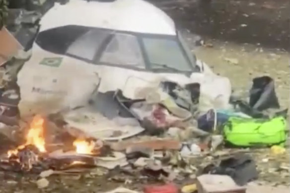 This frame grab from video provided by Felipe Magalhaes Filho showed the aircraft’s wreckage in Vinhedo.