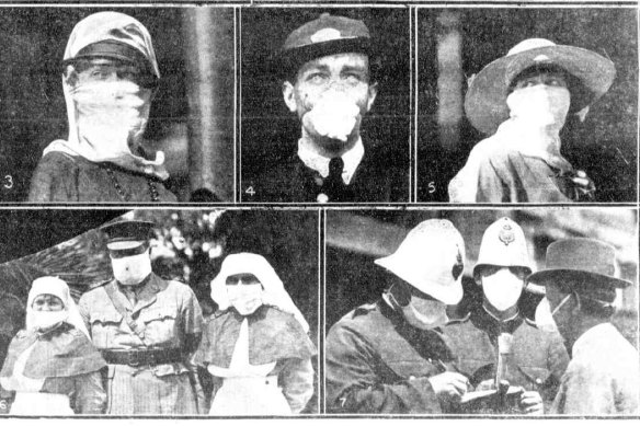 Australians wearing masks during the Spanish flu outbreak.