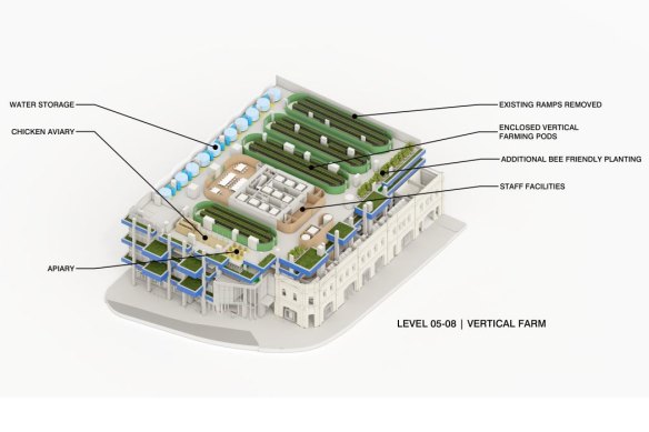 Car parking levels at Australia 108 reimagined as an urban farm and communal spaces. 