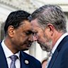 Democrat Representative Ro Khanna, left, and Republican Thomas Massie, during a news conference outside the US Capitol in Washington DC on Tuesday.