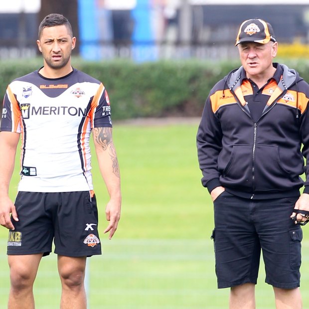 Back together: Benji Marshall and Tim Sheens at Tigers training in 2012.