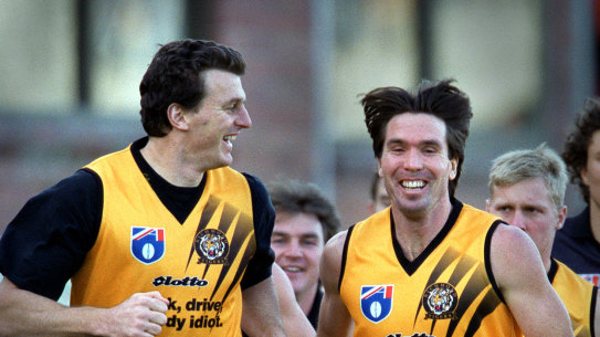 Wayne Campbell and Brendon Gale at a Richmond training session in their playing days. 