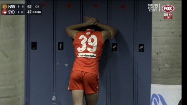 Paddy McCartin in the Sydney rooms after being subbed out with concussion.
