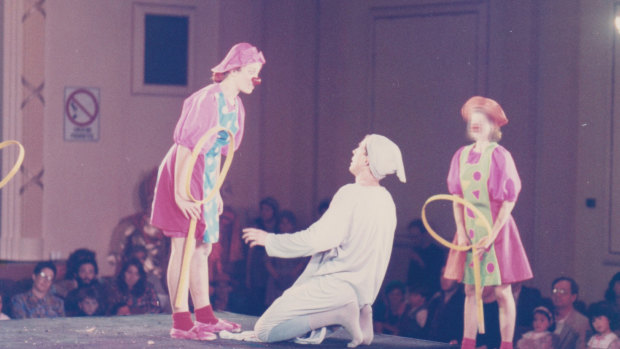 Milana Milos, left, performing in the Kenja play “Klowning” in 1991. 