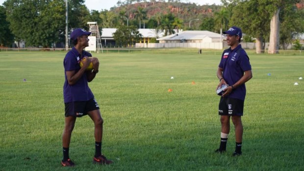 Claremont colts teammates Isaiah Butters and Leno Thomas at Fremantle's community camp last week.