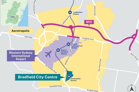 A map showing the location of Bradfield City Centre near the Western Sydney Airport.