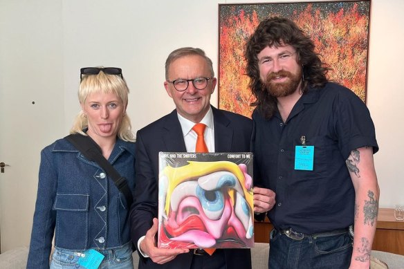 Taylor and Amyl and The Sniffers lead guitarist Declan Martens in Canberra this week to meet with Prime Minister Anthony Albanese. The pair were part of a music industry delegation promoting more support for international touring.