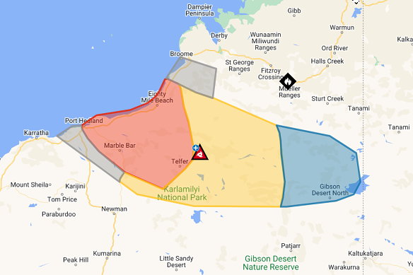 A screenshot of the map showing areas affected by the red, yellow and blue alerts.