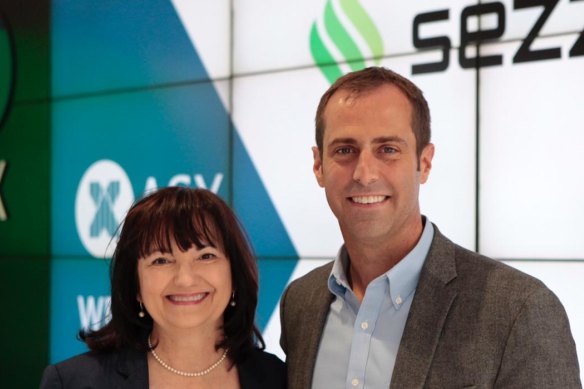 Charlie Youakim the co-founder of Sezzle at its ASX listing with chief financial officer Karen Hartje. 