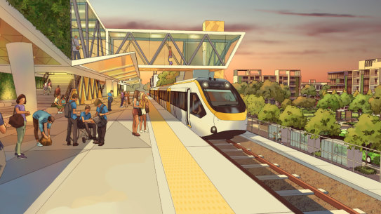 An artist’s impression of a station along the Direct Sunshine Coast Rail Line, proposed to link commuters from Maroochydore into the existing North Coast Line south toward, and beyond, Brisbane.