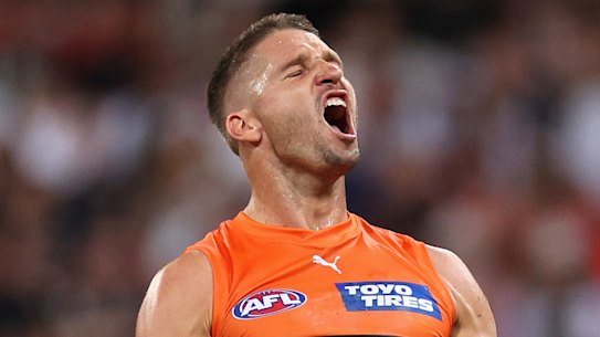 Jesse Hogan celebrates a goal.