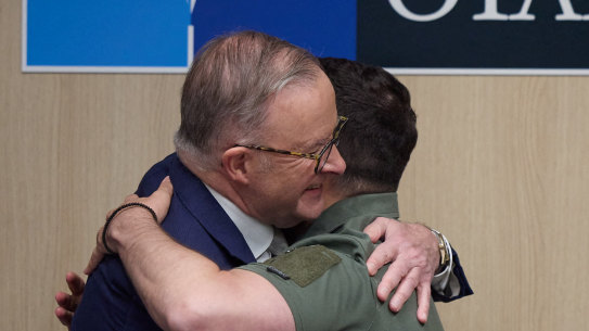 Ukraine’s President Volodymyr Zelensky and Prime Minister Anthony Albanese at their meeting at NATO.