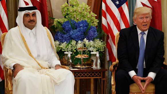 Qatar's ruler Sheikh Tamim bin Hamad al-Thani, pictured meeting Donald Trump in 2017, was targeted by the UAE spying operation. 