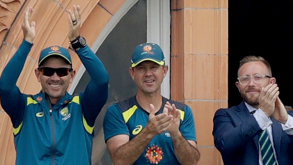 Justin Langer, Ricky Ponting and team manager Gavin Dovey at Lord’s during the 2019 World Cup.