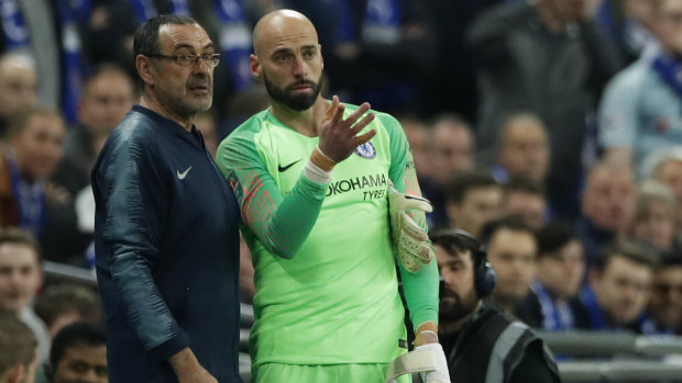Chelsea manager Maurizio Sarri (left) had wanted to substitute Willy Caballero on.