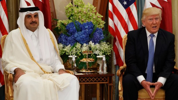 Qatar's ruler Sheikh Tamim bin Hamad al-Thani, pictured meeting Donald Trump in 2017, was targeted by the UAE spying operation. 