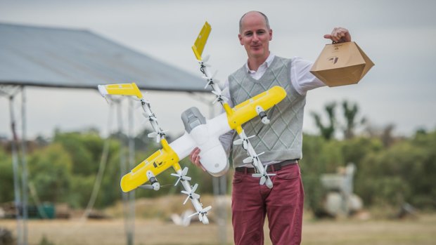 Wing has been developing a drone delivery service for Tuggeranong. Delivery project manager Luke Barrington shows the aircraft and package involved.