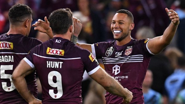 The Maroons celebrate their win at the end of game one for the 2019 State of Origin. 