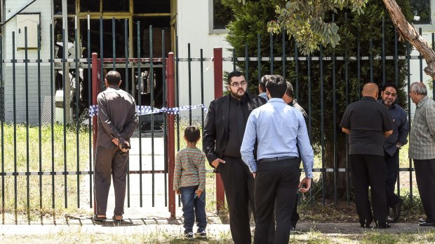 Community members outside the Imam Ali Islamic Centre in Fawkner after the December 2016 fire.