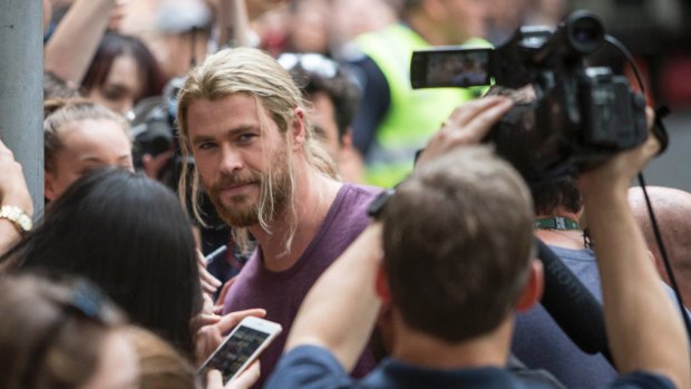 Chris Hemsworth takes time out to meet fans while filming Thor in August 2016 in Brisbane.