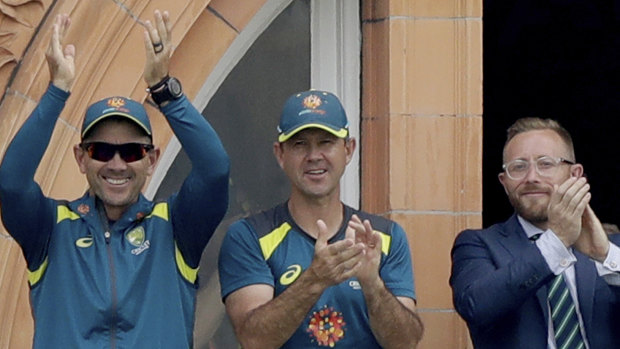 Justin Langer, Ricky Ponting and team manager Gavin Dovey at Lord’s during the 2019 World Cup.