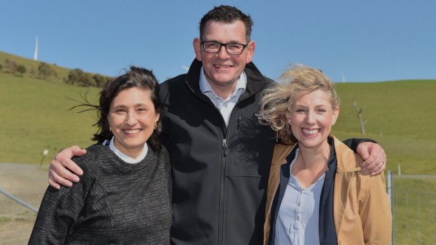 (L-R) Lily D'Ambrosio, Daniel Andrews and Sarah De Santis in Ararat to announce a renewable energy auction in September. 