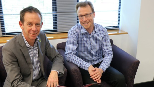 ACT minister for mental health Shane Rattenbury with Mental Health Community Coalition executive officer Simon Viereck. 