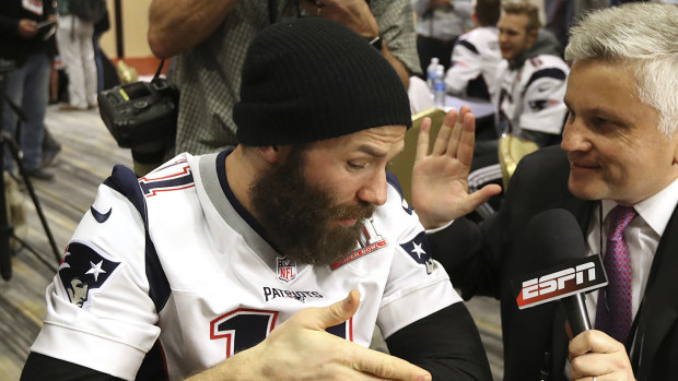 New England Patriots wide receiver Julian Edelman, on left.