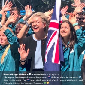 Senator Bridget McKenzie with the Australian youth Olympic team in Sydney on September 30, 2018. 