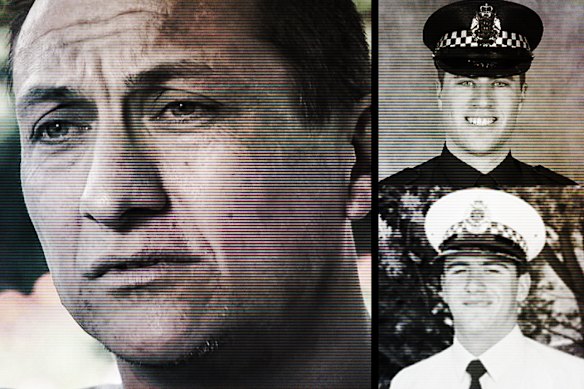 Dezi Freeman (izquierda) y los agentes de policía Vadim de Waart-Hottart (arriba a la derecha) y Neal Thompson (en la foto al comienzo de su carrera policial).