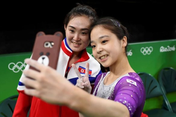 The iconic selfie of South Korea gymnast Lee Eun-ju and her North Korean rival Hong Un-jong from Rio 2016.