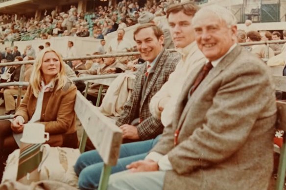 Robert Parker (in the chequered jacket) with (from left) wife Carol, brother Greg, and father Syd in 1980. The family sat in front of the old Ponsford stand because women weren’t allowed inside.
