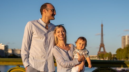Nicolas Collignon (39), Loretta Genovesi (37) and their son Antony Pierre Santo Collignon (10 months) near their home in the 15th Arrondissement.