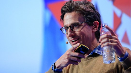 Jonah Peretti, founder and chief executive officer of BuzzFeed Inc., gestures as he speaks during a keynote session at the Mobile World Congress in Barcelona, Spain, on Tuesday, Feb. 23, 2016. Mobile World Congress, an annual phone-industry event organized by GSMA Ltd., runs from Feb. 22 to Feb. 25. Photographer: Pau Barrena/Bloomberg *** Local Caption *** Jonah Peretti