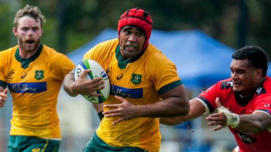 LAUTOKA, FIJI - JULY 16: Langi Gleeson of Australia A With the ball  during the World Rugby Pacific Nations 2022 match between Australia A and Tonga at Churchill Park on July 16, 2022 in Lautoka, Fiji. (Photo by Pita Simpson/Getty Images) LAUTOKA, FIJI - JULY 16: Langi Gleeson of Australia A With the ball during the World Rugby Pacific Nations 2022 match between Australia A and Tonga at Churchill Park on July 16, 2022 in Lautoka, Fiji. (Photo by Pita Simpson/Getty Images)
