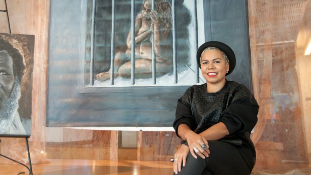Boneta-Marie Mabo, pictured with her artworks, has called for more to be done to address the disproportionate incarceration of First Nations women and girls.