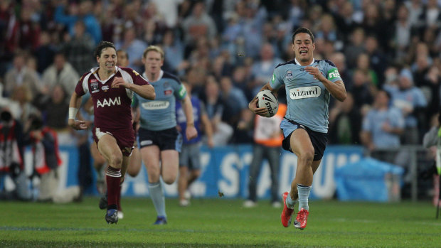 Jarryd Hayne's intercept try, with Billy Slater trying desperately to keep up.