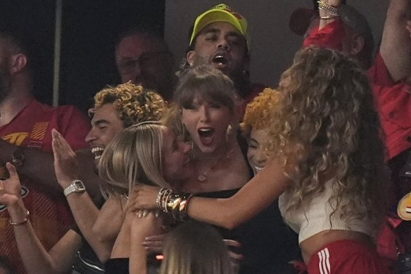 Taylor Swift celebrates with Ashley Avignone, Ice Spice and Blake Lively during the second half of the NFL Super Bowl.