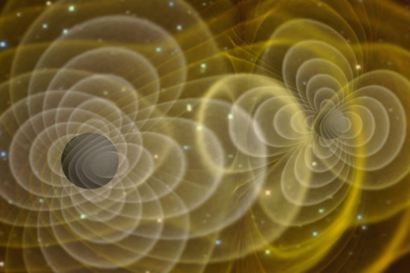 Illustration of gravitational waves produced by two orbiting black holes