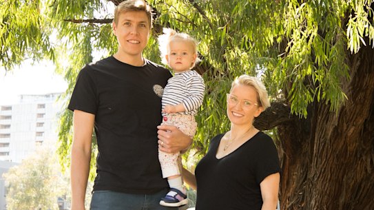 Brodie Mattner, right, with her partner Leath and daughter Marlita. Brodie is due to give birth in June, during what is likely to be the height of the coronavirus crisis. 