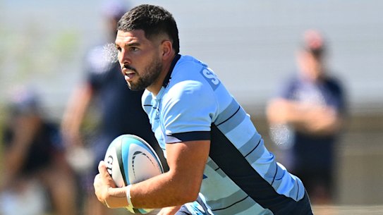 MELBOURNE, AUSTRALIA - FEBRUARY 03: Triston Reilly of the Waratahs takes possession of the ball during the Super Rugby Pacific Trial Match between Melbourne Rebels and NSW Waratahs at Harold Caterson Reserve on February 03, 2024 in Melbourne, Australia. (Photo by Morgan Hancock/Getty Images) Waratahs player Triston Reilly.